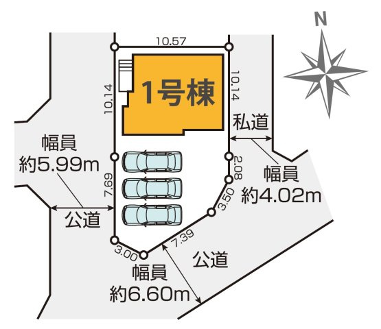 所沢市東狭山ヶ丘2丁目・全1棟　新築一戸建の区画図|カースペース並列3台可能。