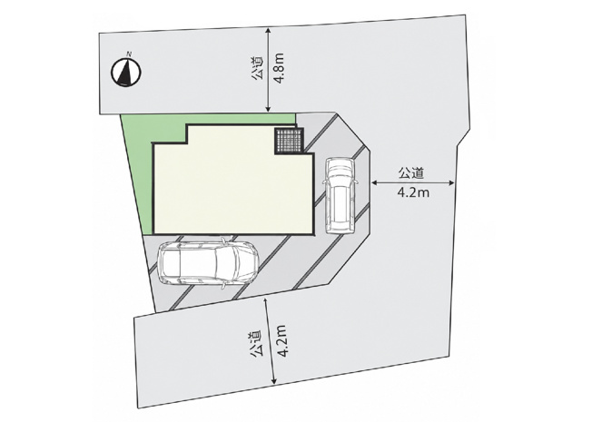 【区画図】 | 富士見市羽沢2丁目　新築一戸建住宅　限定1棟（ふじみ野店） | 3道路に面した、開放感あふれるお住まい。カースペース2台駐車可能です。※車種による