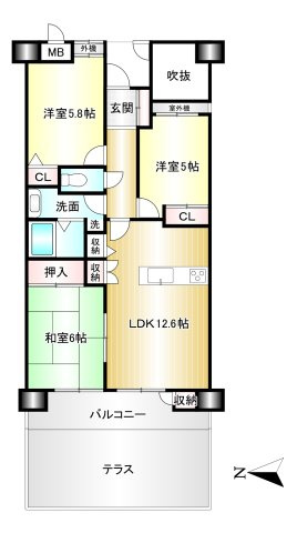 グランヴェルビュ大和八木の間取り|3ＬＤＫ　専有面積：66.88ｍ2　テラス有
