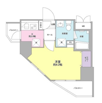 コンフォリア西蒲田の間取り|西向きバルコニー北西角部屋2面採光の1K洋室6.2帖バストイレ別独立洗面台！
少し斜めな間取りです！うまく配置してください。