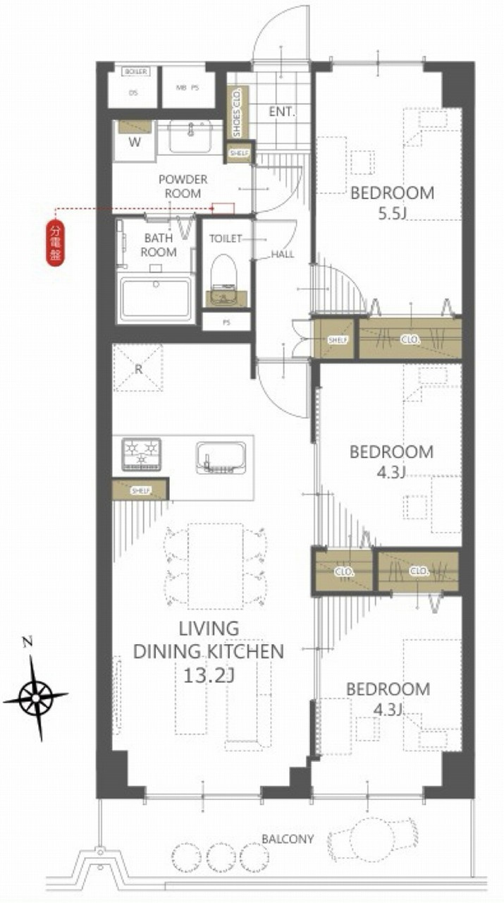 メゾン和光台の間取り|3LDK 専有面積60.68m2 バルコニー面積7.72m2
各部屋に収納や窓を配置したバランスの良いレイアウト。ファミリー層にもおすすめの快適な住空間となっています。