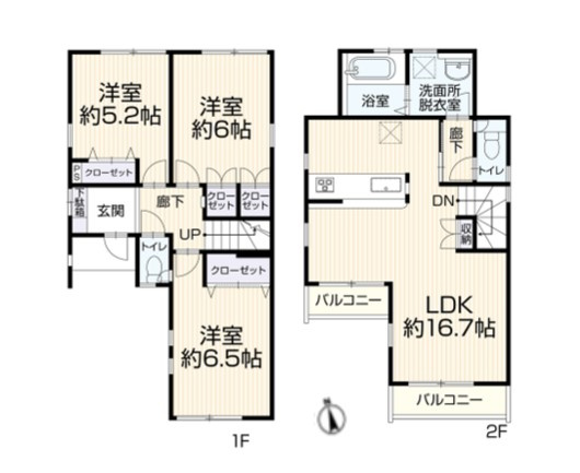 八王子市　台町　中古戸建ての間取り|～南向き3LDK　プライバシー性に優れた2階リビングの間取り～