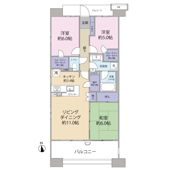 納戸付きの3LDK、WICが2カ所や和室には押し入れがあり収納力が高い間取りとなっています。