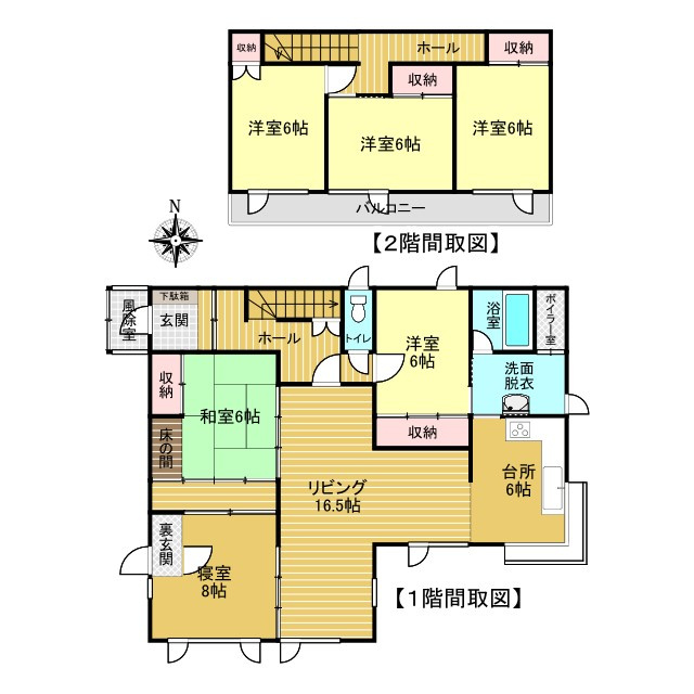 北見市大正１９５番地５　中古売家の間取り|間取りは6LDKでリビング16.5帖、1階は8帖寝室と6帖洋室、6帖和室です。2階は6帖が3室です。