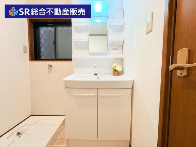 南上小阪中古戸建の独立洗面台|シャワー付きで、両サイドと下部に小物収納があり便利です。
