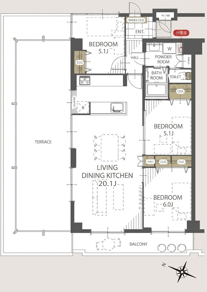 コープ行徳の間取り|3LDK 専有面積76.31m2 バルコニー面積9.37m2専用 テラス面積47.00㎡
