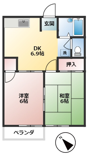 グリーンハイツ坂本の間取り|2部屋と食事スペースの取れる2DKです