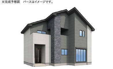 つくば市高崎3期　新築戸建の外観パース|モノトーンの配色が映える、スタイリッシュな外観デザイン。完成後は明るく開放的な印象の街並みが広がります。