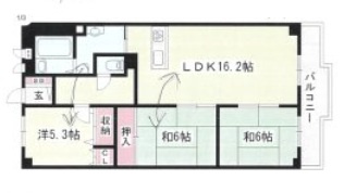 万葉ハイツ東加古川　　中古マンションの間取り|※実際の間取は上下逆(玄関位置はそのまま）