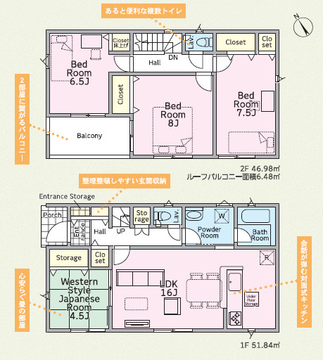 土浦市中村南第12　新築戸建の間取り|水回りが1か所に集約された効率的な動線設計。忙しい朝も家事がスムーズに進みます♪