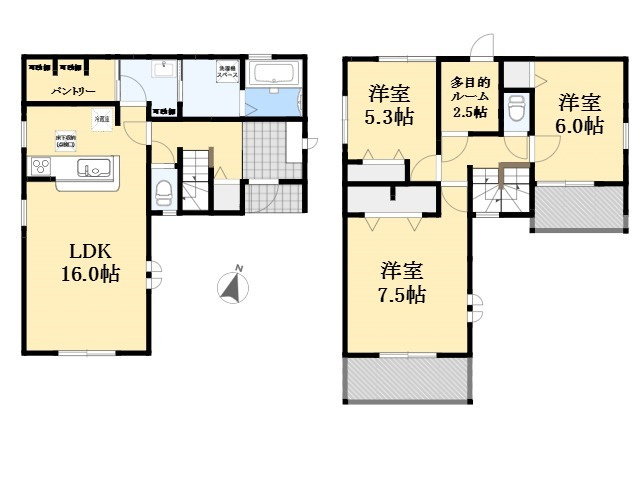 鶴ヶ島市藤金第15　新築戸建の間取り|16畳のLDKには可動棚付きのパントリーがあり、食材や日用品をまとめて保管できます。洗面所と脱衣所が分かれた設計のため、家族間でも気兼ねなく水回りを使用できる点が魅力です