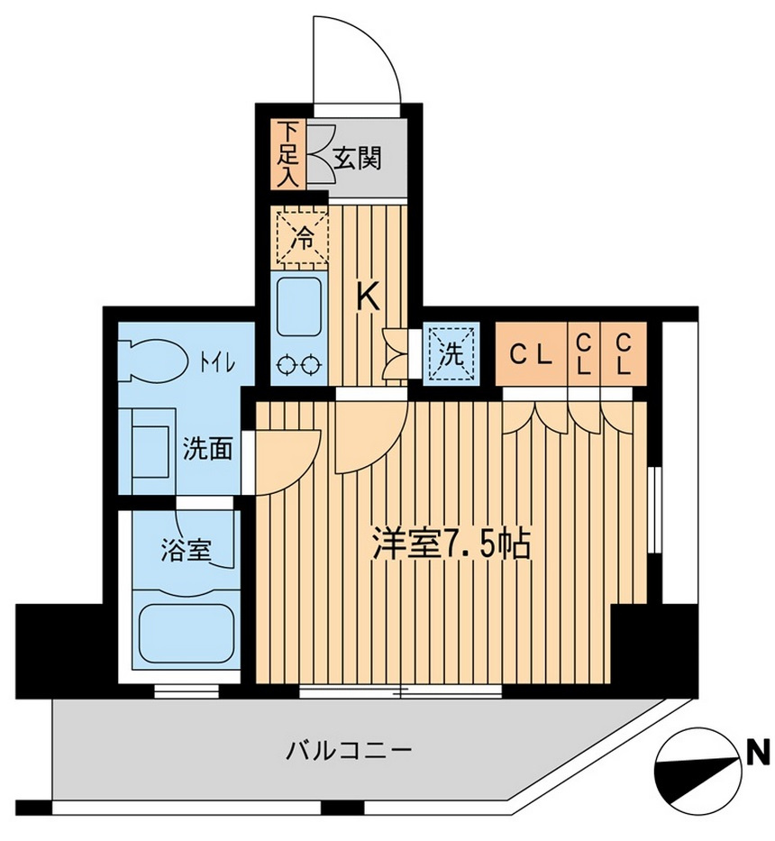 レジデンス大森の間取り|東向きバルコニー北東角部屋洋室7.5帖の少しゆとりある
ワイドバルコニーがポイントの1Kバストイレ別独立洗面台