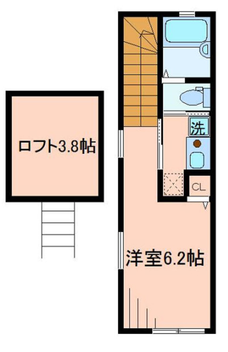 バーミープレイス蒲田Ⅲの間取り|角部屋2面採光の洋室6.2帖+ロフト3.8帖の1Kバストイレ別