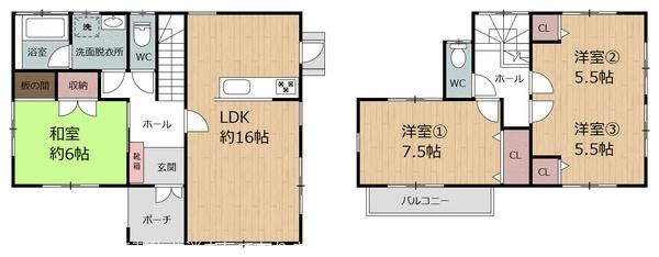 大分市横塚２丁目の中古一戸建の間取り|広々とした約16帖のLDKが特徴の間取りです。1階には6帖の和室もあり収納スペースが充実しています。2階には7.5帖と5.5帖の洋室が2部屋あり使い勝手の良い配置です。