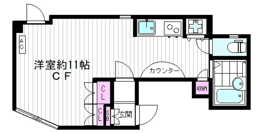 フォルス池上の間取り|洋室11帖の広々1Rバストイレ別