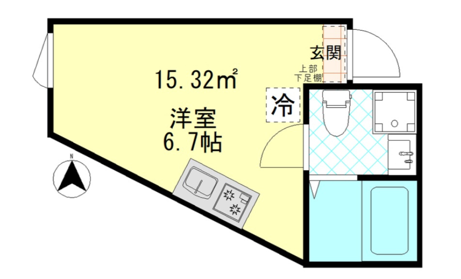 ムーンテラス多摩川の間取り|西向き洋室6.7帖の1Rバストイレ別独立洗洗面台！