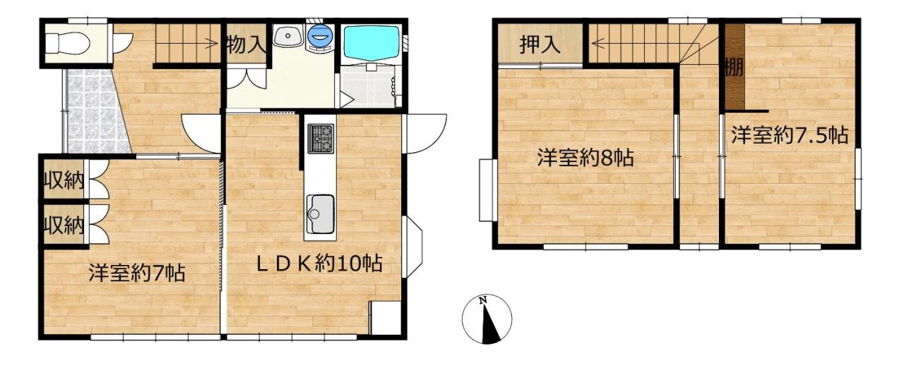 宇部市大字船木　戸建ての間取り|全室南向き、日当たりの良い物件です。