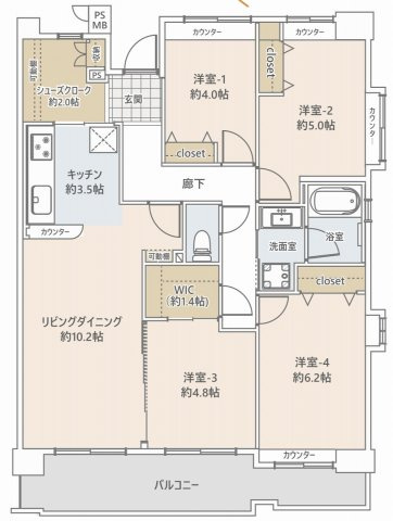ハイラーク戸田公園の間取り|3LDK 専有面積83.52m2 バルコニー面積13.63m2　生活動線に配慮された間取りで日常の家事もスムーズに行えます。