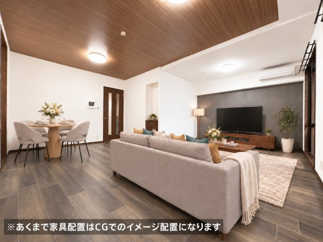 サンパーク・クレストサージュ戸畑Bコートの居間・リビング|約19.7帖の広々LDKで、家族みんなでゆったり過ごせます♪
※家具等をCGで加工,イメージとしています。家具付き販売ではございません。