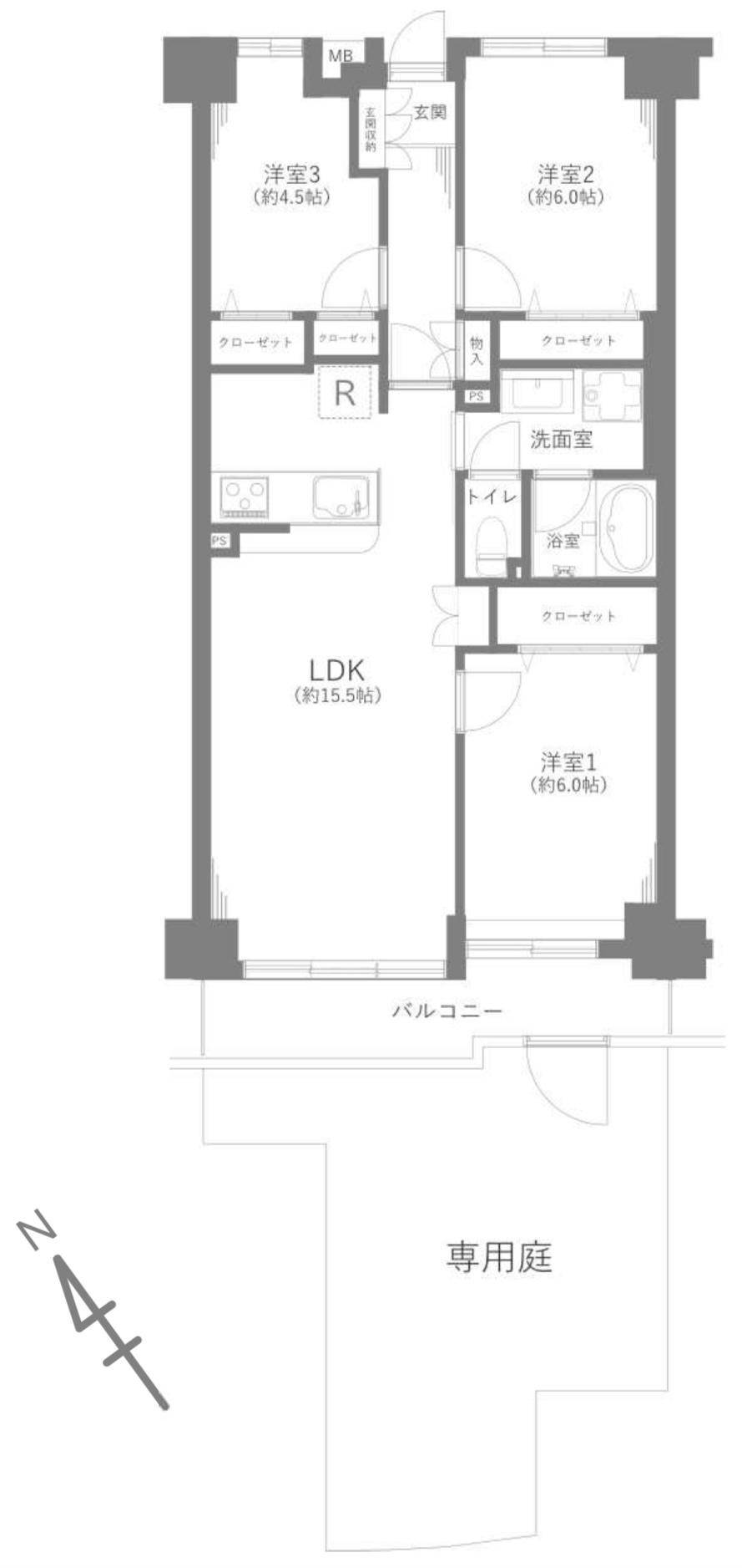 武蔵浦和第弐ローヤルコーポの間取り|専有面積71.84㎡の3LDK間取り図です。全居室に収納を備えた生活動線に優れるレイアウト。バルコニー面積8.19㎡に加え、26.36㎡の専用庭が付いた開放感のある住まいとなっております。