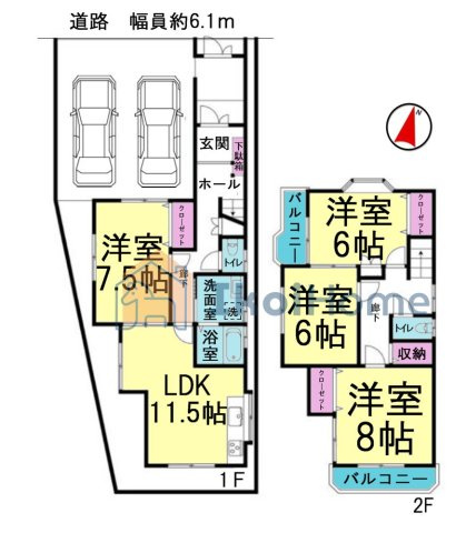神戸市西区富士見が丘5丁目　中古戸建の間取り|●年中無休：当日予約可●1階LDK11.5帖に洋室7.5帖が繋がっております！2階洋室全室6帖以上！