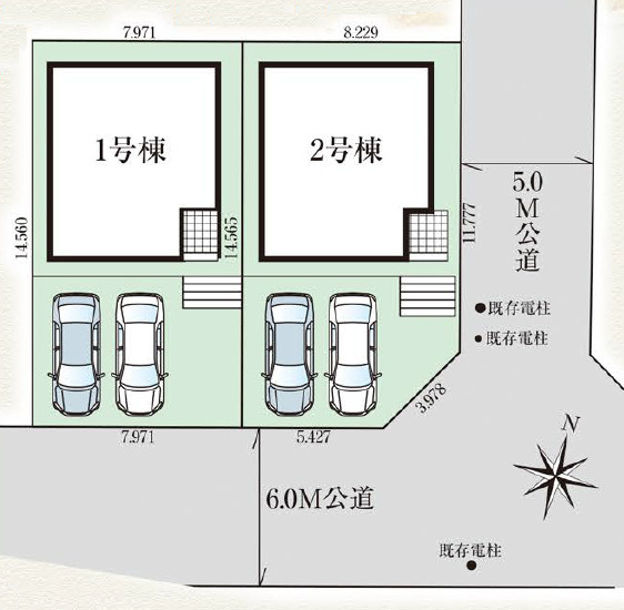 グラファーレ沖縄市松本３期・１号棟の区画図|区画図／接道状況：南東６ｍ公道、北東５ｍ公道