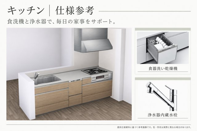 仲介手数料無料 Bloom 東区広木町2期1号棟 泉ヶ丘小・湖東中のキッチン|提供資料をAIで再構成したキッチン仕様紹介図。元画像を別掲。実際と異なる場合があります。