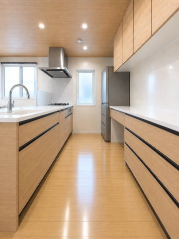 二十四軒4条7丁目　一戸建てのキッチン|明るいピーチウッドで統一された食洗機付きキッチンと大容量カップボード♪※バーチャル加工：一部家具・アイテム等を削除。
