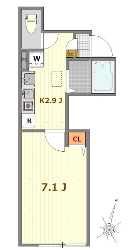 バーミープレイス西蒲田の間取り|南向き南西角部屋の1K洋室7.1帖バストイレ別独立洗面台！