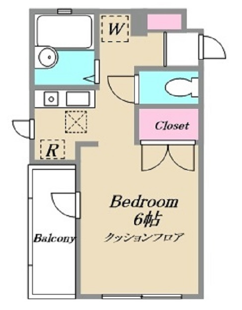 リースランド矢口A棟の間取り|南向きバルコニー南東角部屋2面採光の1Kバストイレ別洋室6帖