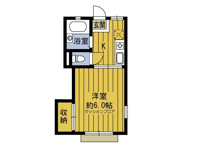 久が原ハイムの間取り|東向き北東角部屋2面採光洋室6帖バストイレ別の1K　
