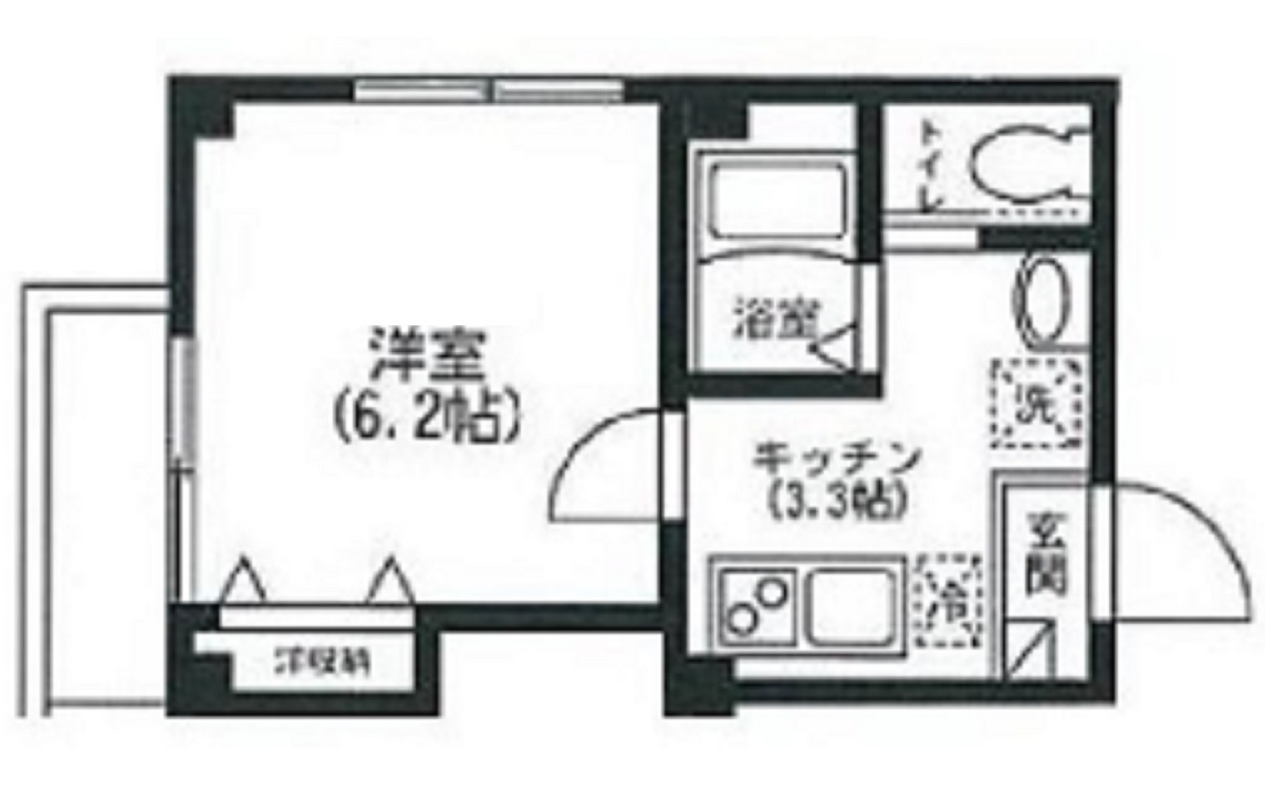カーサ新蒲田の間取り|西向きバルコニー北西角部屋2面採光の1K洋室6.2帖バストイレ別独立洗面台！