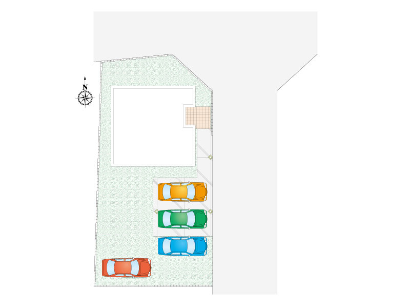 【1号棟:区画図】駐車４台可能。広々としており、ゆとりがあり来客時も便利。前面道路も広く、車の出し入れもスムーズです。