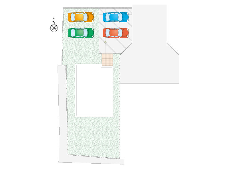 【6号棟:区画図】ゆったり４台分の駐車が可能。道路も広く、車の出入りがラクラク。複数台所有のご家庭や来客時にも便利です。カーライフを思い切り楽しめる理想の住まいです。