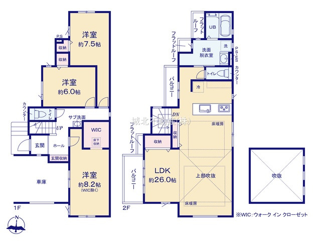 練馬区谷原2丁目 限定1棟の間取り|2階建て3LDK 建物面積126.13㎡に1階車庫面積約13.86㎡含む
2階にLDK+水廻りを配した家事動線の良い間取りです