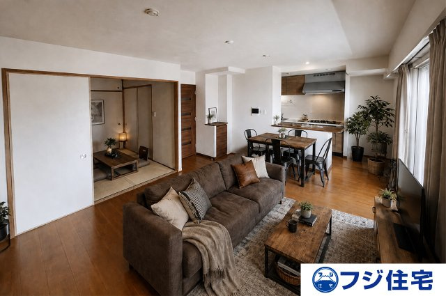 グランスイート日根野駅前の居間・リビング|※バーチャルステージング画像（AI合成）です。合成された家具等は販売価格に含まれません。