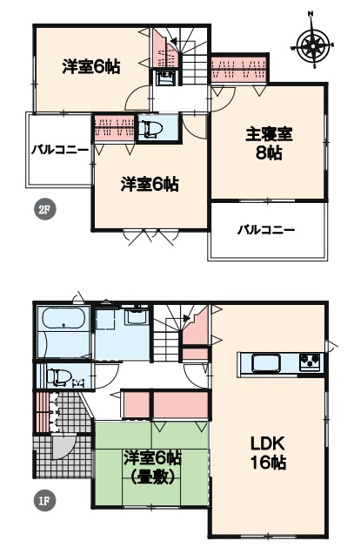 【間取り】 | 前橋市朝倉町　新築住宅 | 16畳のLDKと続き間の落ち着く洋室（畳敷）を備え、2階には2面のバルコニーと各部屋の収納、ゆとりの主寝室8帖がある快適な間取り。