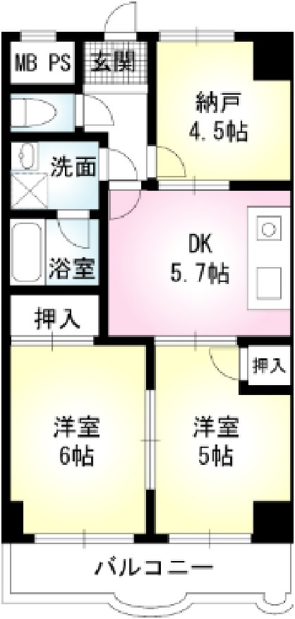 音金六郷マンションの間取り|2SDKの間取り　納戸も4.5帖ありますので3DKとしても！