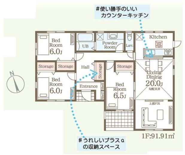 リーブルガーデンＳ榛東村山子田　１号棟（平屋）の間取り|収納充実♪南向きの3LDKで陽当たり良好な間取りです！
土地面積265.06㎡、建物面積91.91㎡で十分な広さです！