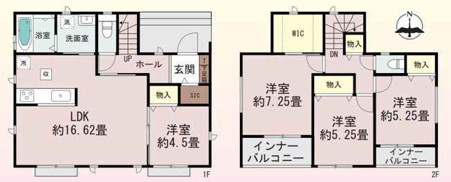【間取り】 | 前橋市南町3丁目　新築住宅 | シューズインクローゼット付きの玄関や約16.62畳のLDK、1階の洋室を備え、2階にはWICや2つのインナーバルコニーを配置した収納力抜群の間取り。