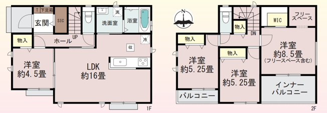 【間取り】 | 前橋市朝倉町3丁目　新築住宅 | シューズインクローゼット付きの玄関や約16畳のLDK、1階の洋室を備え、2階にはWICやフリースペース、インナーバルコニーを配置した使い勝手の良い間取り。