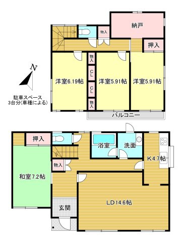 北葛城郡広陵町馬見北4丁目の間取り|4LDK＋納戸　土地面積:302.39ｍ2　建物面積:129.54ｍ2　駐車スペース3台(車種による)