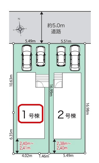 所沢市中新井4丁目・全2棟　新築一戸建　1号棟の区画図|【全2棟・1号棟】整形地・土地面積93.30平米（約28.22坪）