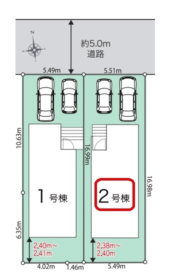 所沢市中新井4丁目・全2棟　新築一戸建　2号棟の区画図|【全2棟・2号棟】整形地・土地面積93.52平米（約28.28坪）