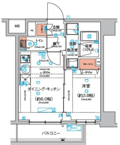ハーモニーレジデンス東京羽田スカイブリッジの間取り|東向きバルコニーの1LDK