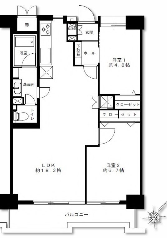 越中島ハイツの間取り|専有面積61.29㎡の2LDK。約18.3帖の広々としたLDKに、約6.7帖・約4.8帖の洋室を配置。各洋室にクローゼットを備えた、収納力にも配慮された間取りです。