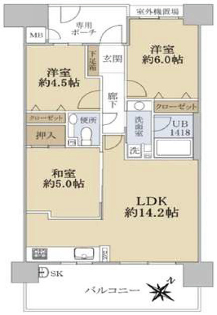 マーレ加古川駅前タワー　2階の間取り|3LDKです。