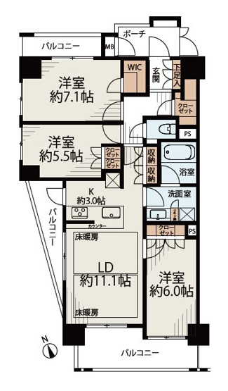 【間取り】 | レアシス板橋 | 3ヵ所のバルコニーを備え、陽光と風を心地よく感じる住まい