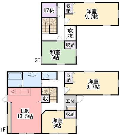 津福本町貸家の間取り|メーターモジュール設計を採用しているため、廊下や階段、居室などにゆとりがあり、表示されている面積以上