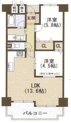 ヴェルドール藤井寺の間取り|ゆとりのある2LDKの間取りです